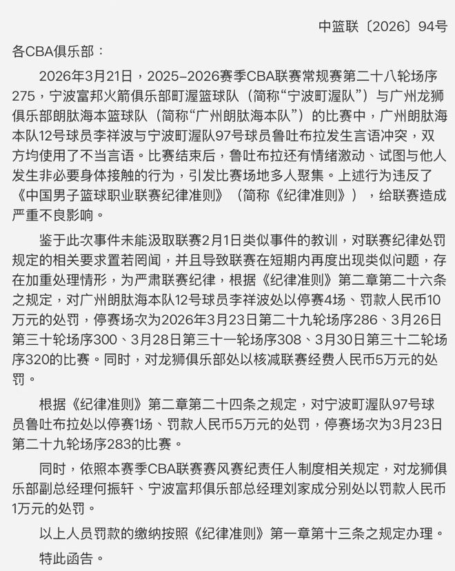 CBA重罚！李祥波因不当言论被禁赛4场，鲁吐布拉情绪激动被禁1场 | 中国区|球友会|股份有限公司